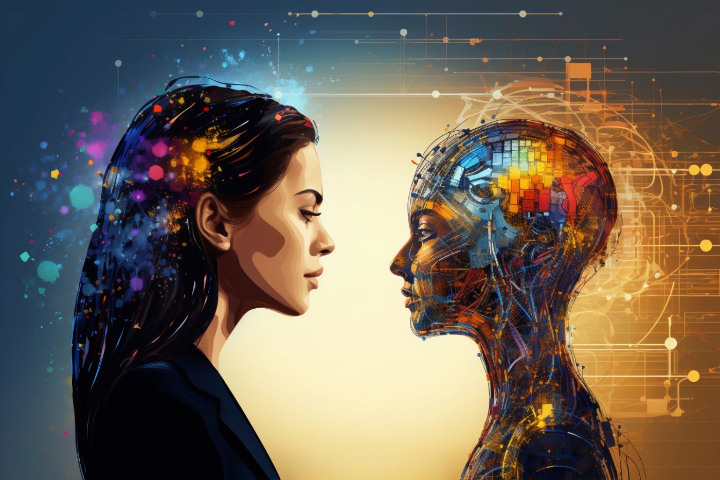 Illustration of a woman facing a digital human figure, representing human expertise working with AI